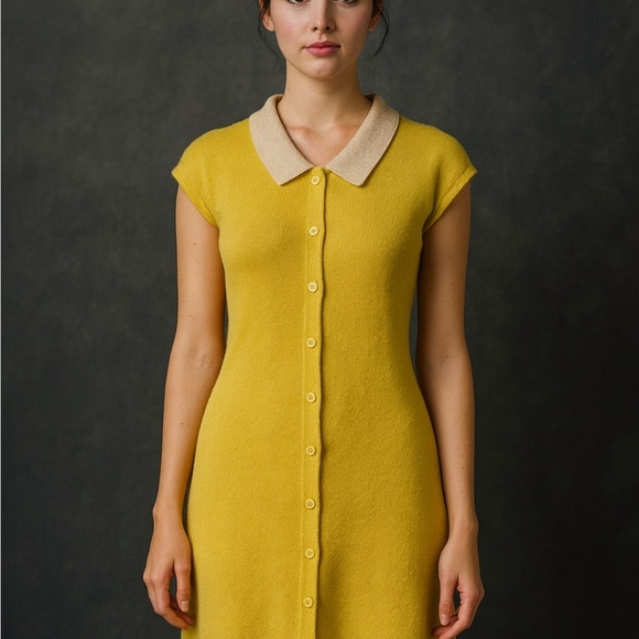 Dresses & Skirts - Vintage 60s Midi Knit Dress Women’s Small Yellow Cream Button Up Collar Feminine